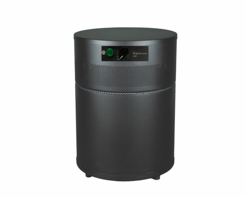 Airpura V400 air purifier featuring Advanced Chemical Filtration and HEPA Air Purification in black design.