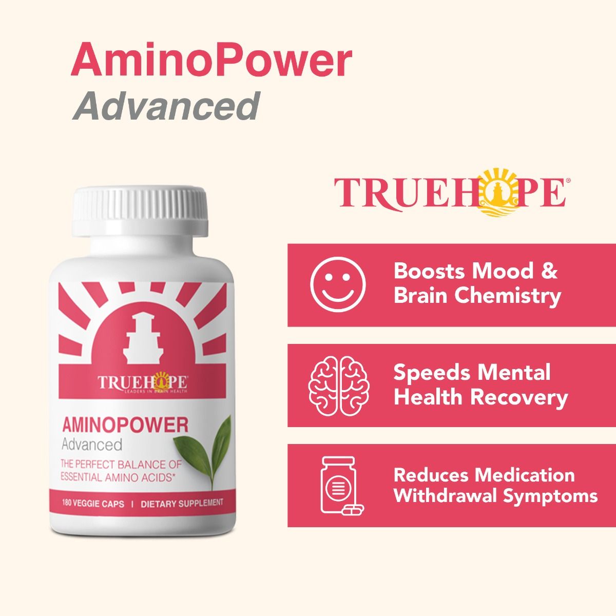 A bottle of TRUEHOPE AminoPower Advanced dietary supplement shown on a light cream background with marketing text and benefit callouts. The bottle is white with a pink and white label and a ribbed white cap.