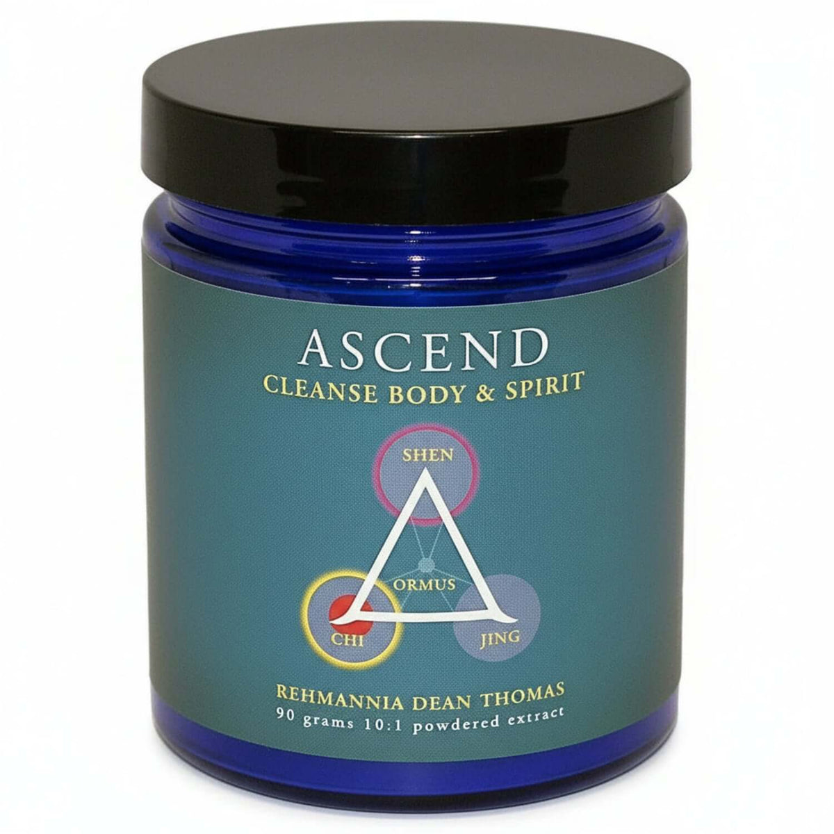 Ascend - TCM Herbs for Physical and Spiritual Cleanse in a blue jar with cleansing symbols.