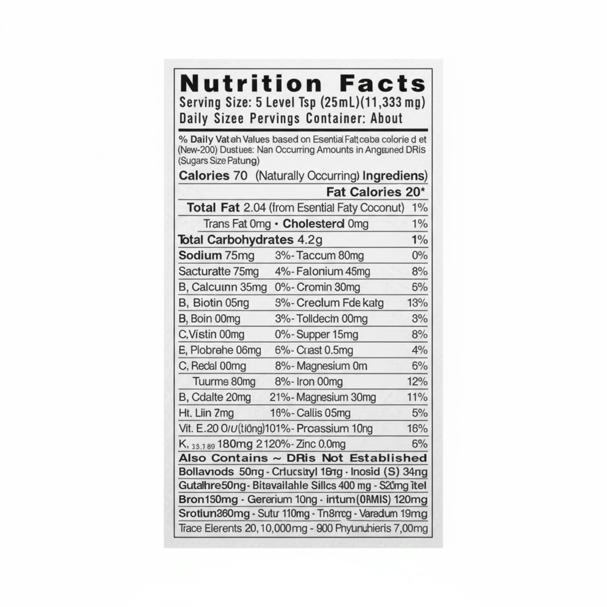 Nutrition facts label for AuraSil Silica Superfood Blend, detailed serving information and nutrient breakdown.