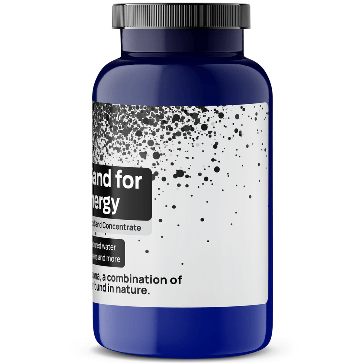 Magnetite Sand for Energy Devices in a blue container showcasing the product label and details.