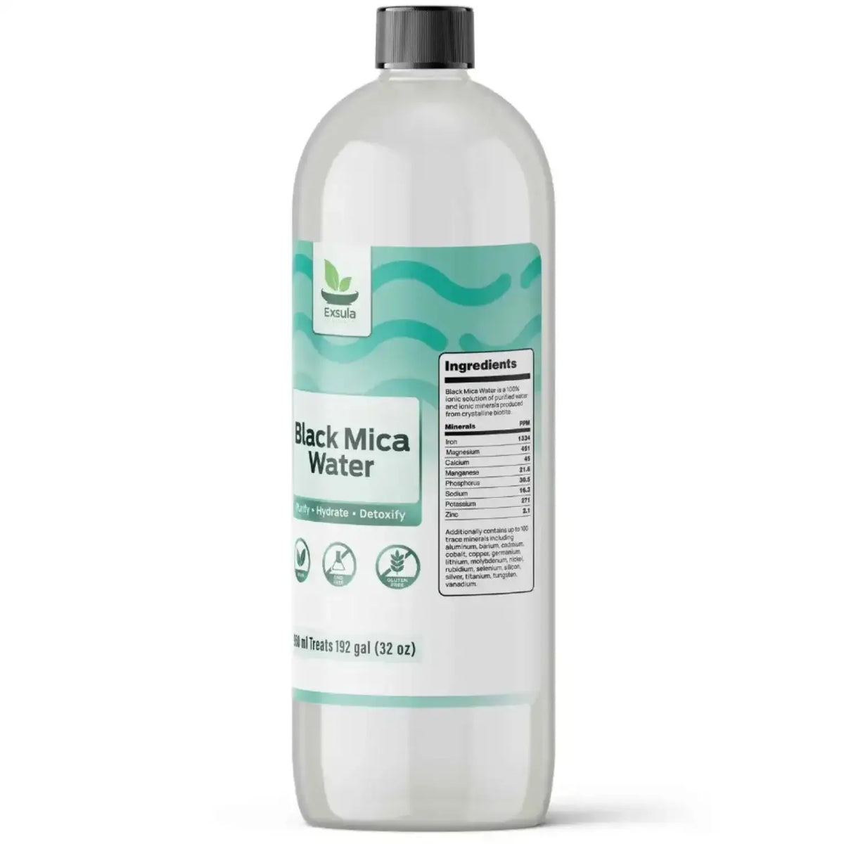 Exsula Black Mica Water bottle, a source of Biotite Ionic Sulfate Mineral Extract for hydration and detoxification.