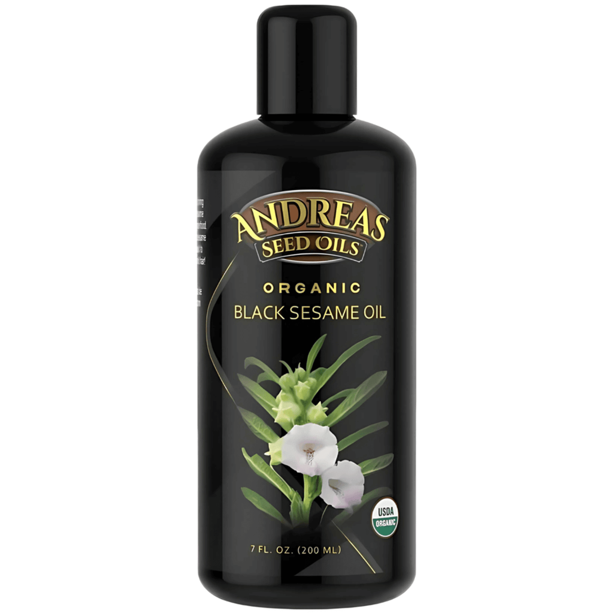 Organic Black Sesame Seed Oil in a 7 fl oz bottle for promoting health and longevity.