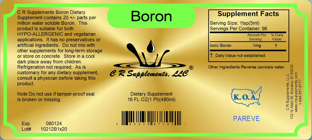 Boron Liquid Ionic Mineral supplement label highlighting key ingredients and dietary information.