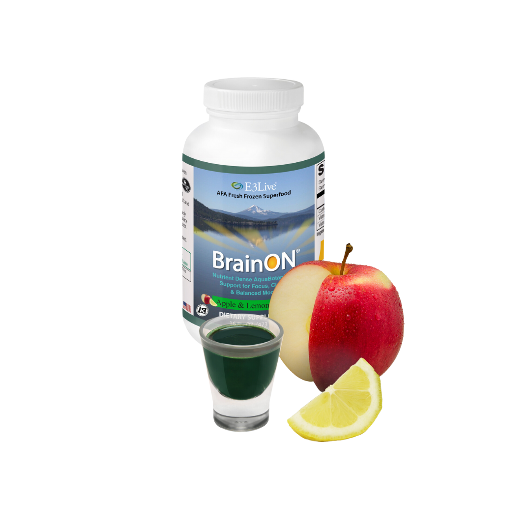 E3 BrainON Fresh Frozen - 6 pack bottle with apples, lemon, and green shot glass.