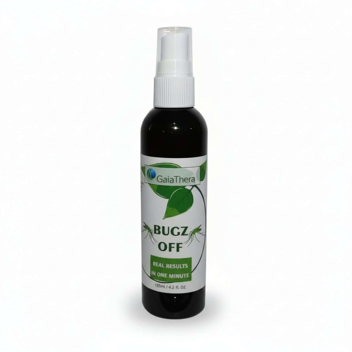 Bugz Off natural outdoor bug spray bottle with label showing results in one minute.