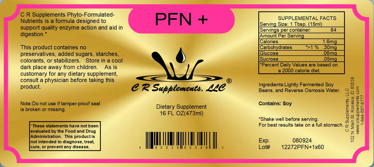 Label of PFN+ Liquid Mineral and Enzymes dietary supplement by CR Supplements, highlighting its nutritional information.