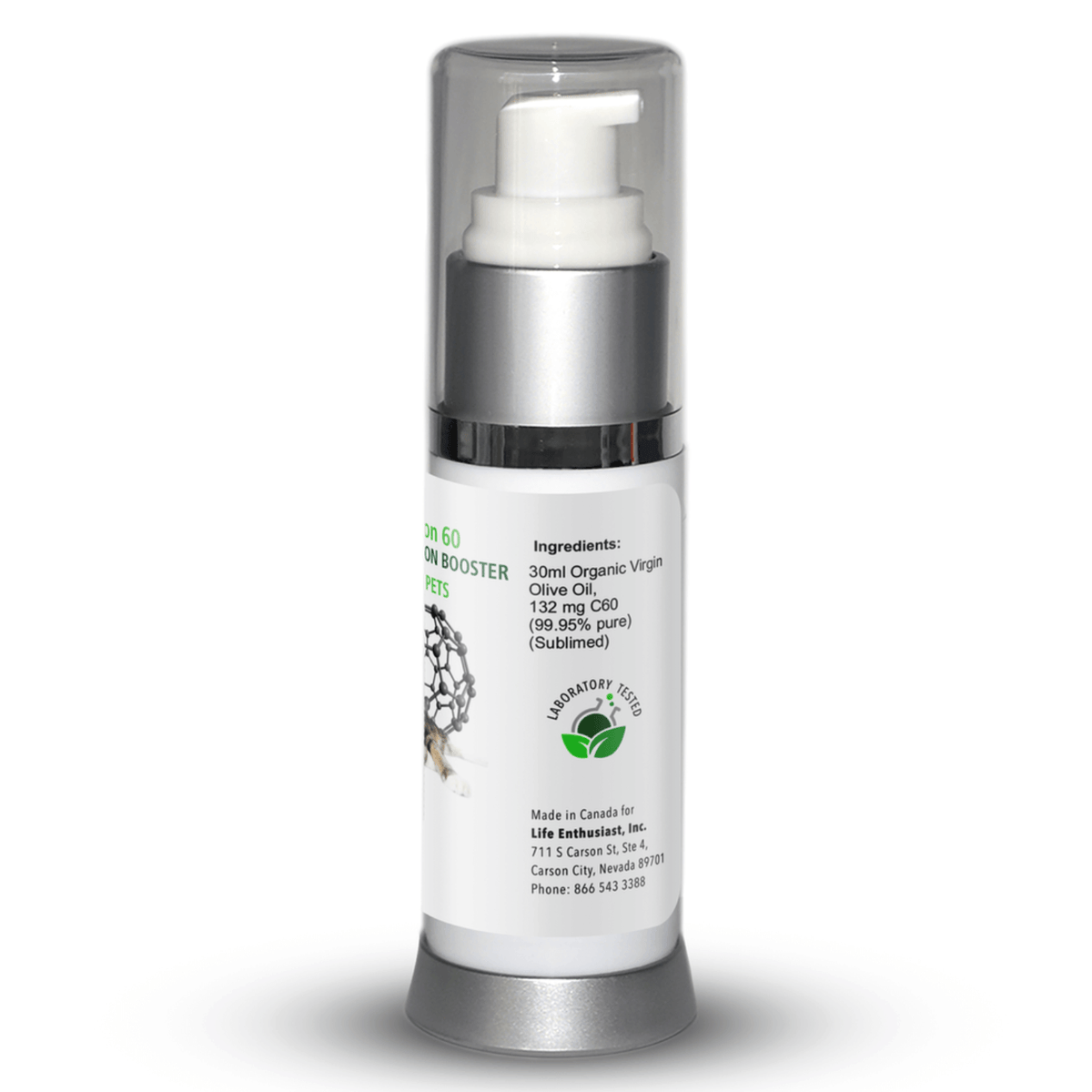 Carbon 60 for Pets Free Radical Scavenging Supplement in a pump bottle with ingredients listed.