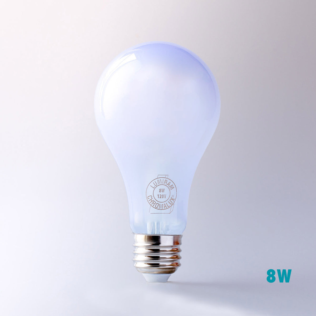 Chromalux Full Spectrum Neo Glass LED bulb with a clear design and 8W power rating.