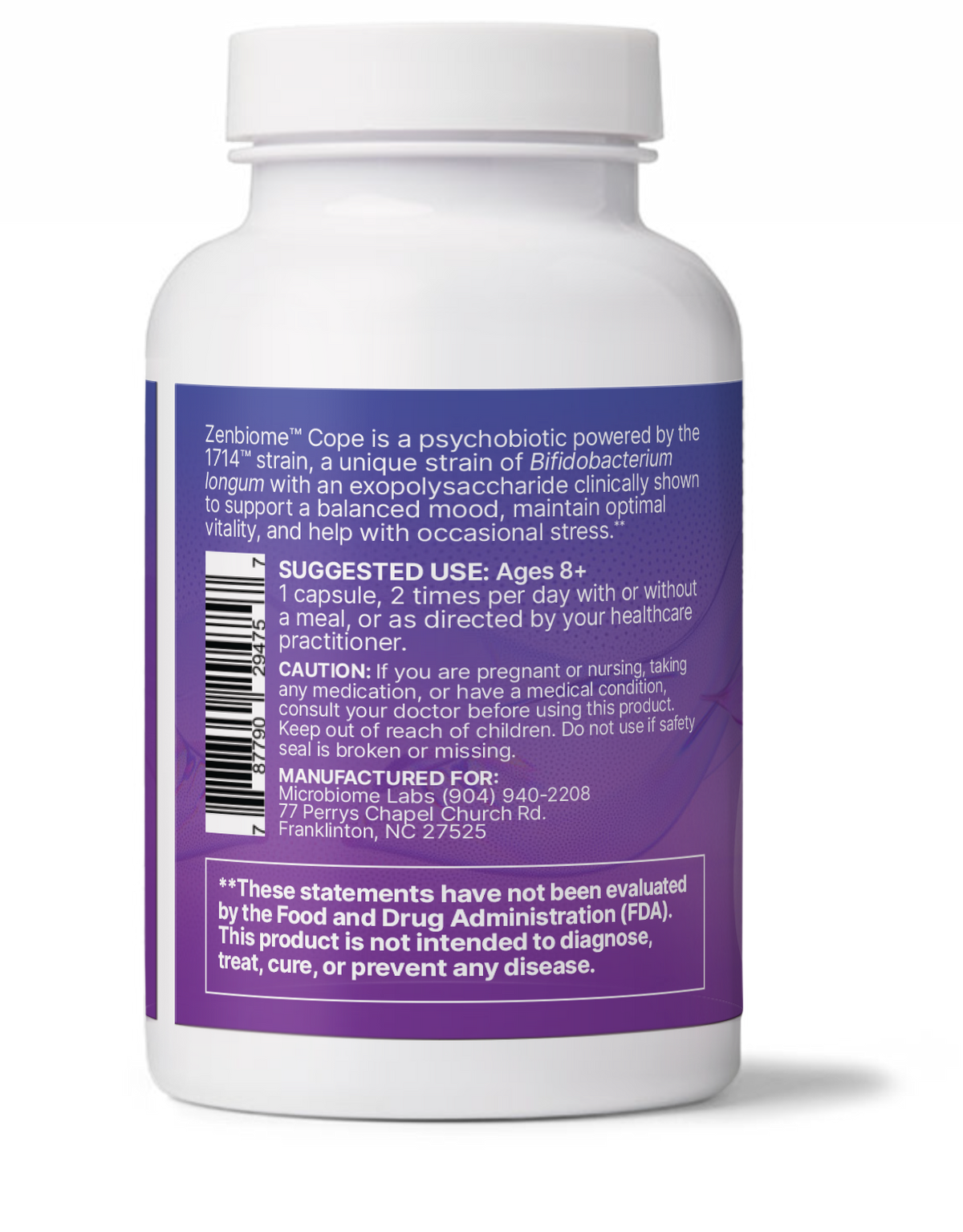 ZenBiome Cope psychobiotic for stress management dietary supplement bottle side view.