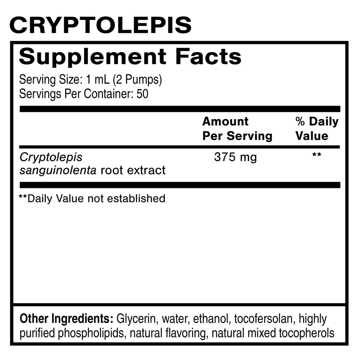 Supplement facts for Cryptolepis liposomal immune support, detailing ingredients and serving size.