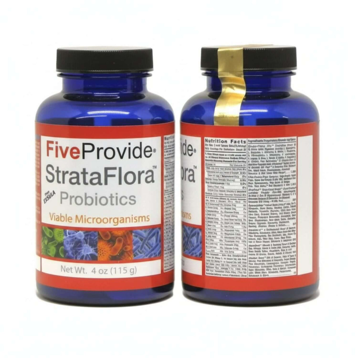 FiveProvide StrataFlora probiotic supplement bottles showcasing viable microorganisms for digestive health.