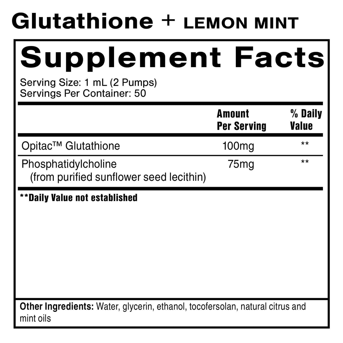 Supplement facts for Glutathione + Lemon Mint, detailing ingredients and their amounts.