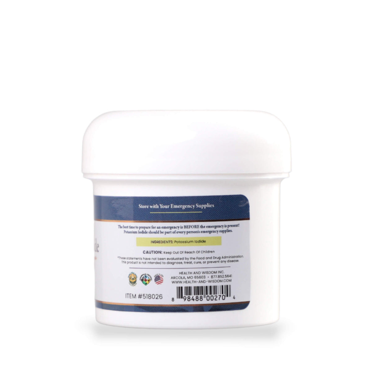 Potassium Iodide container labeled 'Store with Your Emergency Supplies' for emergency protection for radiological events.