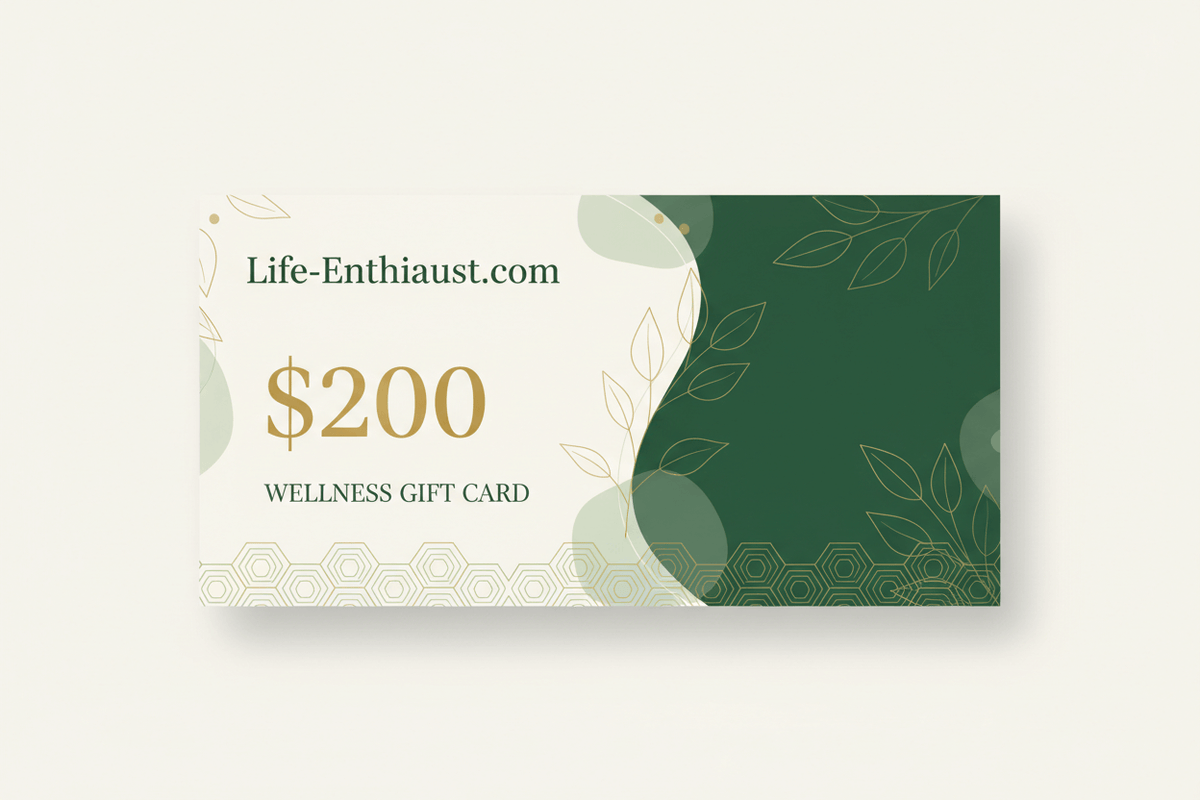 $200 Holistic Health Voucher design on a $100 Wellness Gift Card from Life-Enthusiast.com with leaf and sun illustrations. Holistic Health Voucher from Life-Enthiaust.com for holistic health and wellness solutions.