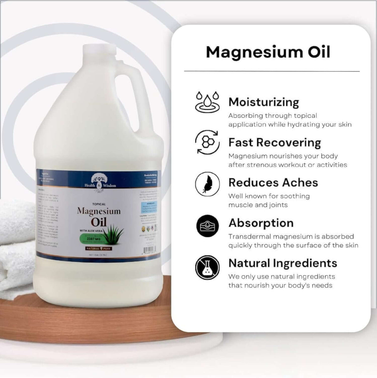 Magnesium Oil with Aloe Vera for topical muscle relief, moisturizing, fast recovery, reducing aches, natural ingredients.
