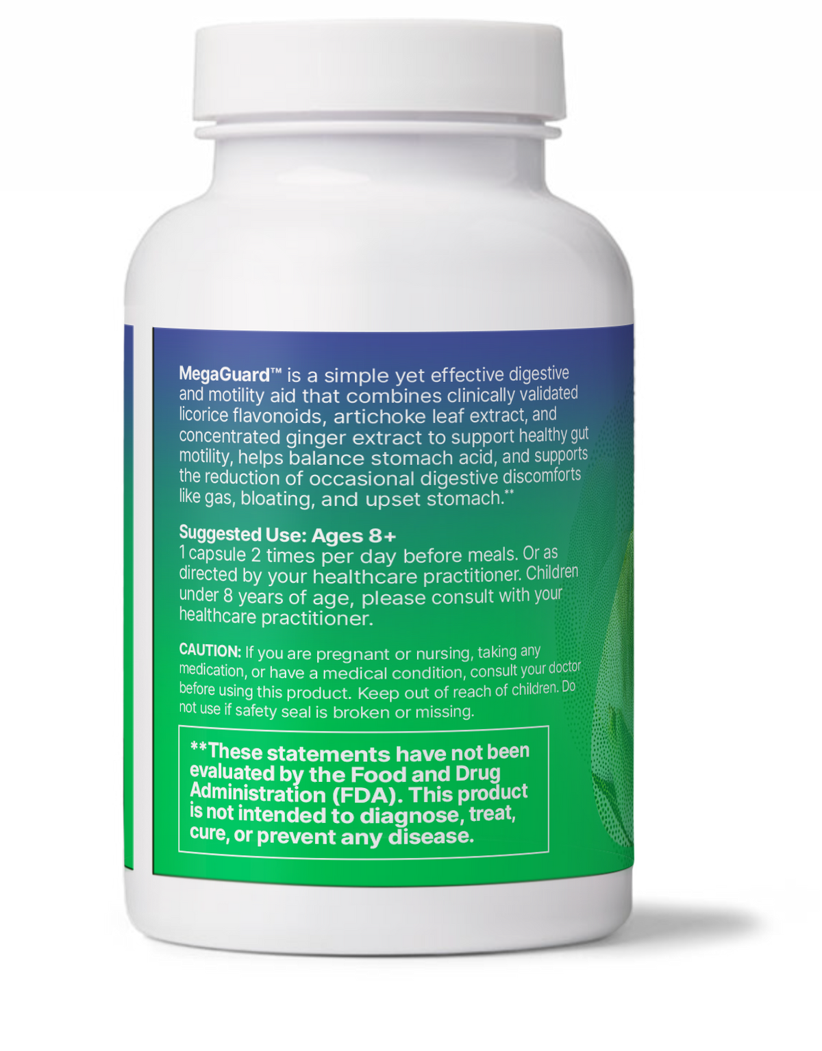 MegaGuard bottle, a herbal aid to slow gastric emptying with ginger, artichoke, and licorice root for digestive support.