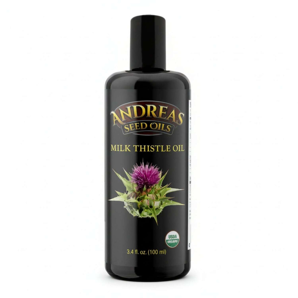 Andreas Seed Oils Milk Thistle Oil bottle, Organic Liver Support, 3.4 fl oz, certified organic ingredients.