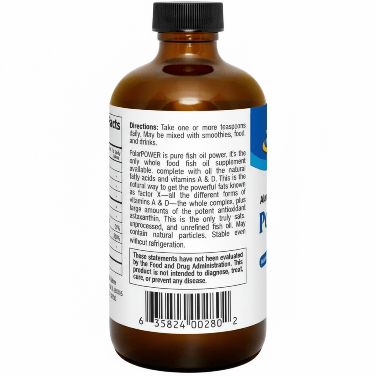 Bottle of PolarPOWER Raw Wild Sockeye Salmon Oil, showcasing health benefits and directions for use.