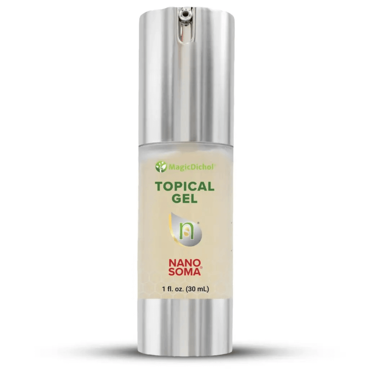 Nano Soma Gel - Nutritional Nutraceutical topical gel in a sleek silver pump bottle, containing 1 oz (30 mL).
