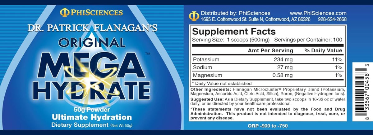 MegaHydrate - Silica Hydride Antioxidant Supplement Facts for advanced cellular hydration.