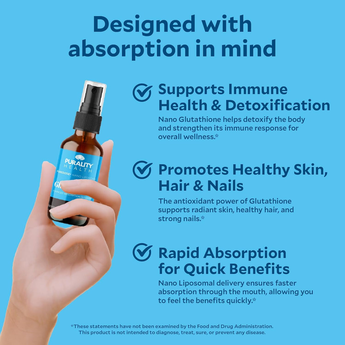 Image of Purality Health Glutathione spray highlighting its benefits as a Liposomal Master Antioxidant for health and detox.