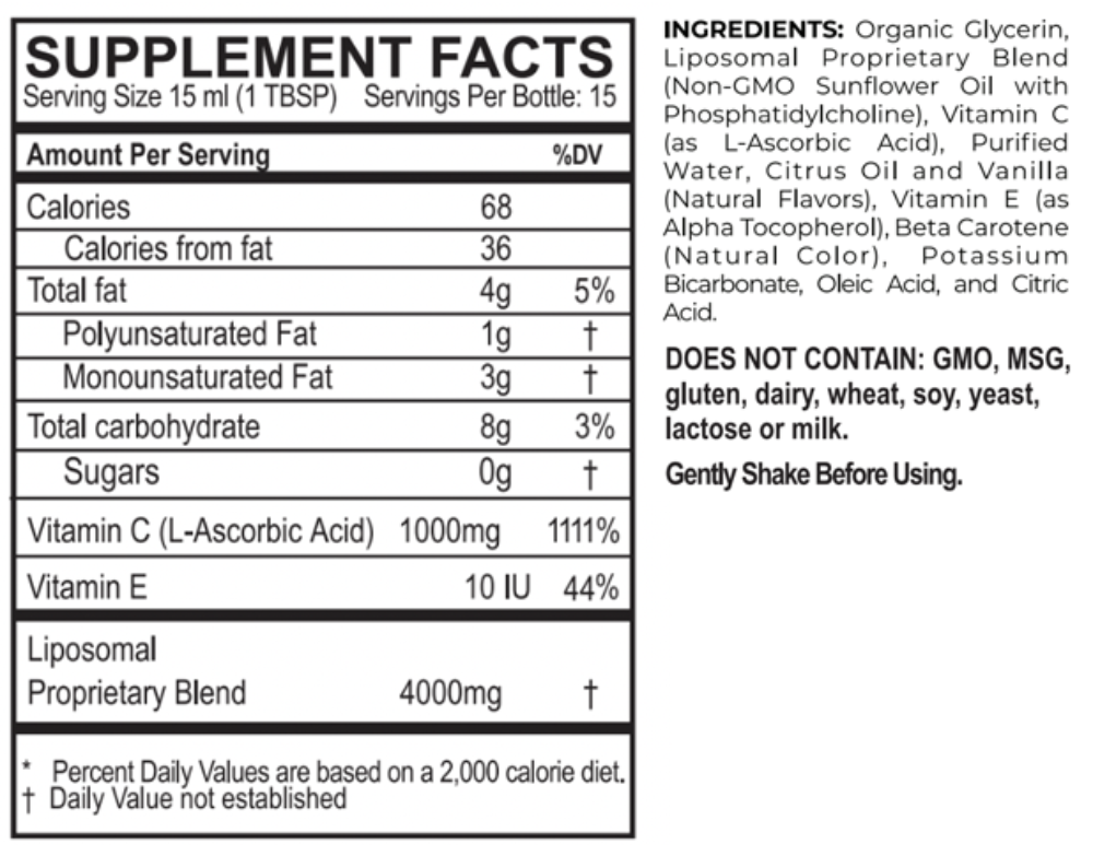 Supplement facts label for High Potency Liposomal Formula Vitamin C detailing ingredients and nutritional information.