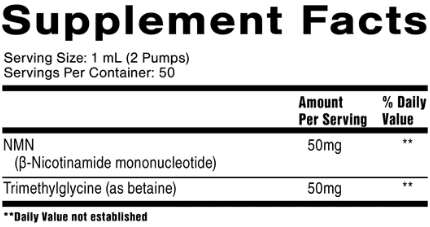 Supplement facts for NAD+ Gold, listing Liposomal NMN and TMG content per serving.