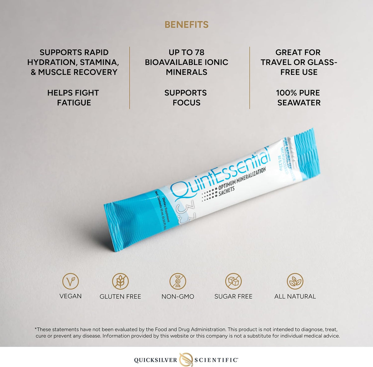 QuintEssential Optimum Mineralization 3.3 sachet benefits, supports Rapid Mineral Replenishment Liquid, hydration, focus.