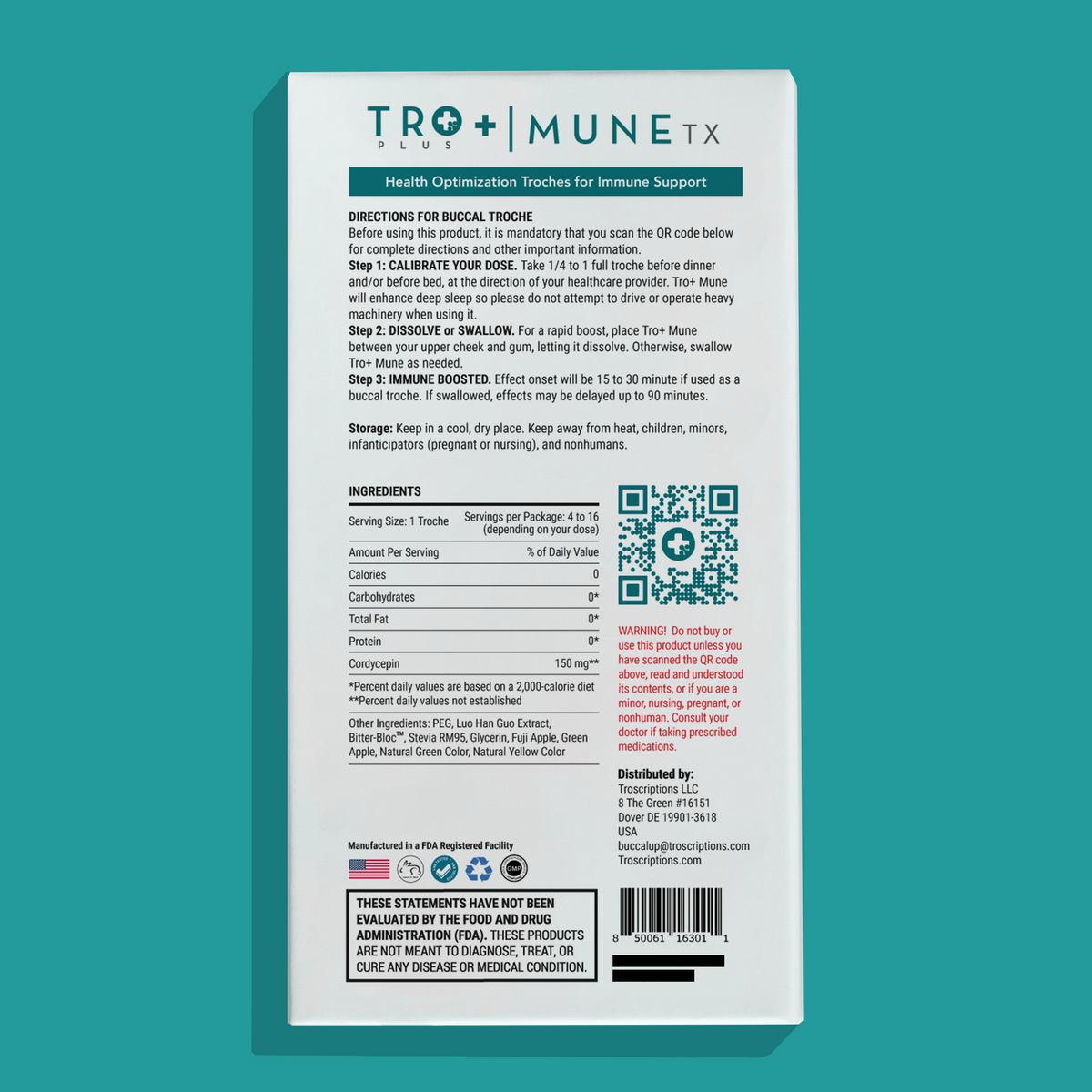 Tro+ Mune Buccal Troches for Immune Support, health optimization product packaging with usage instructions.