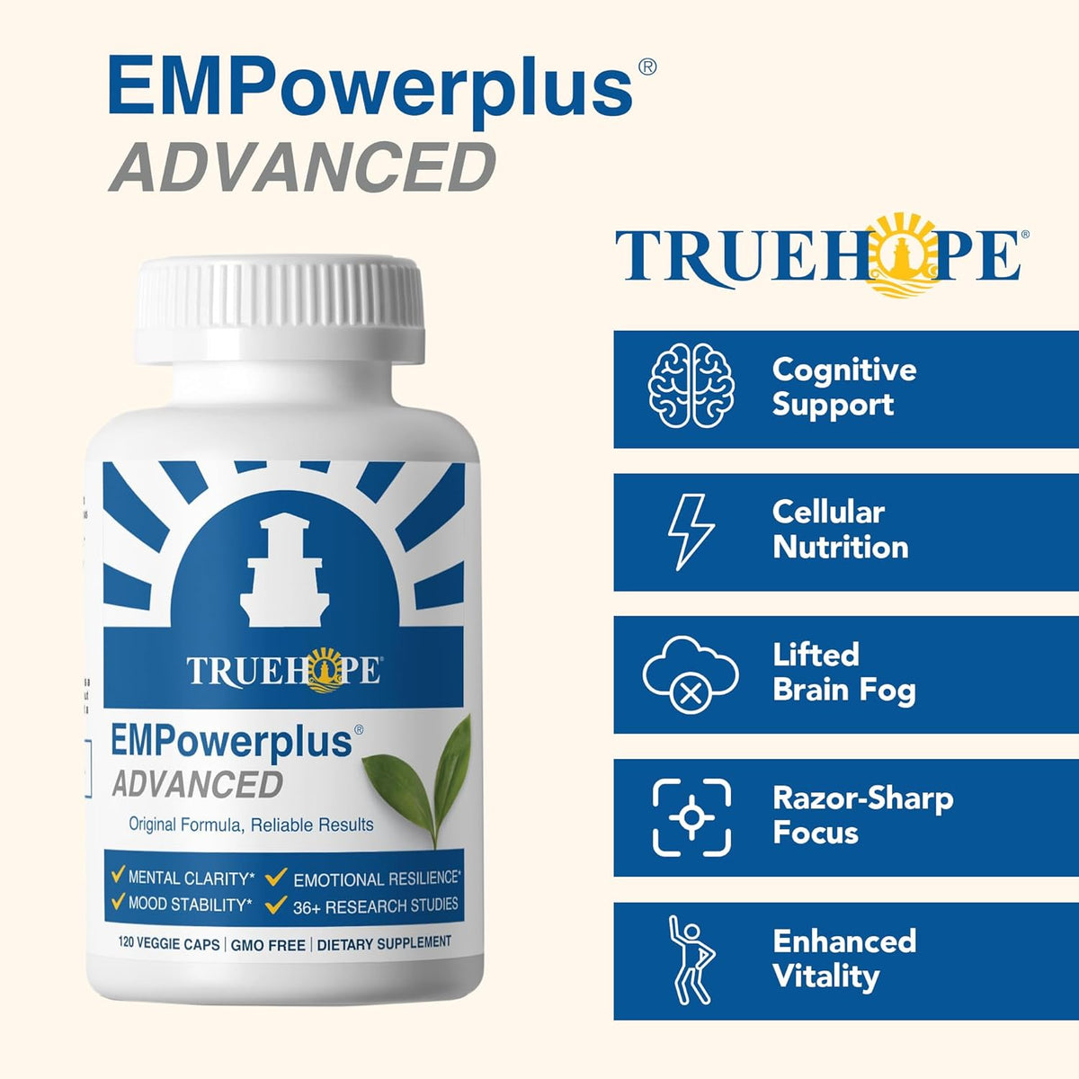 TrueHope EMPowerplus Advanced supplement bottle with product features on a beige background
