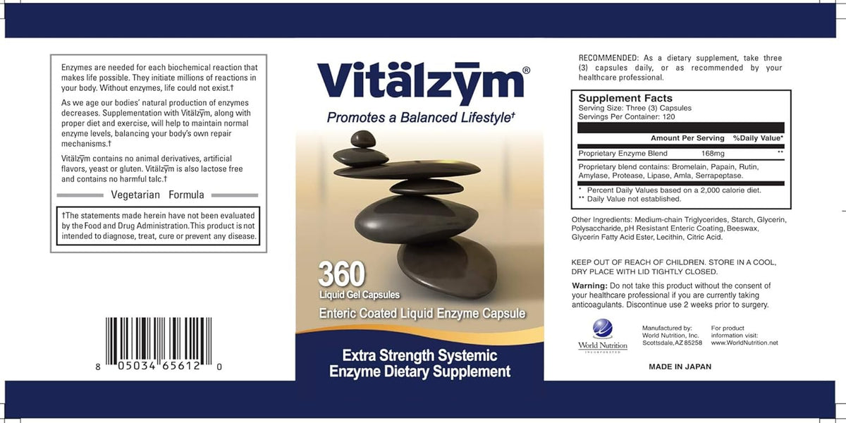 Vitalzym Systemic Enzyme Complex for Inflammatory Balance dietary supplement with liquid enzyme capsules.