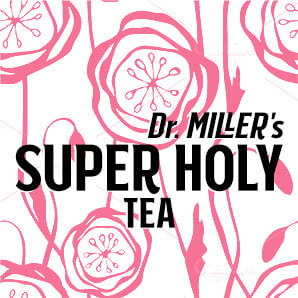 Dr. Miller's Super Holy Tea packaging featuring a floral design promoting Natural Colon and Liver Detox.