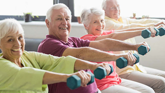 E3Live Algae Reviews: Elderly individuals exercising with dumbbells for fitness.