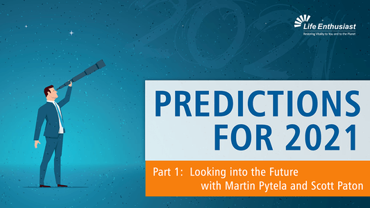 Man looking through a telescope with the text 'PREDICTIONS FOR 2021' in a podcast episode graphic.