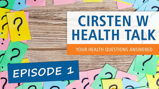 Cirsten W Health Talks Episode 1 visual featuring health questions answered on colorful sticky notes.