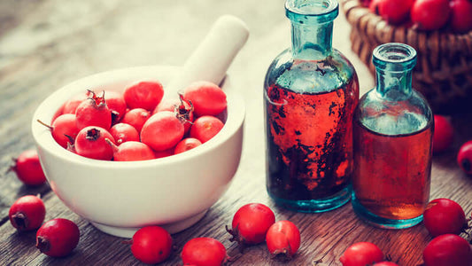 Hawthorn Berry in a white bowl with herbal tinctures in glass bottles on a wooden background.