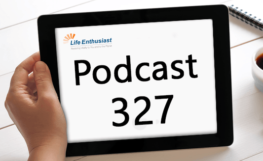 Podcast 327 episode featuring Astaxanthin insights on a tablet held in hand.