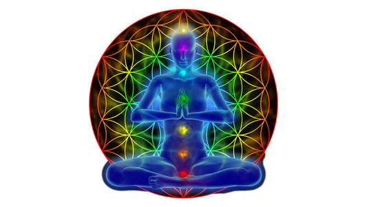A meditative figure surrounded by colorful chakras representing Spiritual Awakening and energy flow.