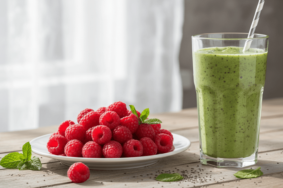 EllagiPlex for Rejuvenation, A refreshing smoothie and a plate of fresh raspberries for a healthy lifestyle, ideal for rejuvenation with EllagiPlex.
