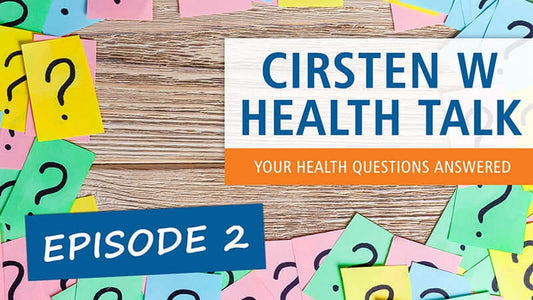 Cirsten W Health Talks Episode 2 with colorful question mark notes answering health questions.