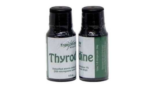 Bottles of Thirodine with labels highlighting iodine benefits for iodine for yeast overgrowth.