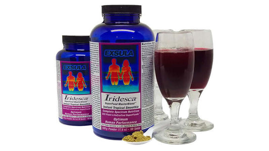 Iridesca for Longevity and Peak Performance products displayed with tropical smoothie and glasses.