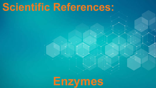 Scientific References Enzymes with a blue background and geometric shapes representing scientific concepts.