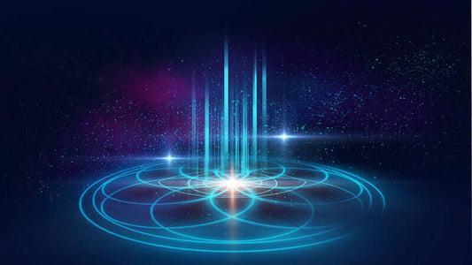 Energetic Healing with blue glowing light beams and circular patterns on a dark cosmic background.