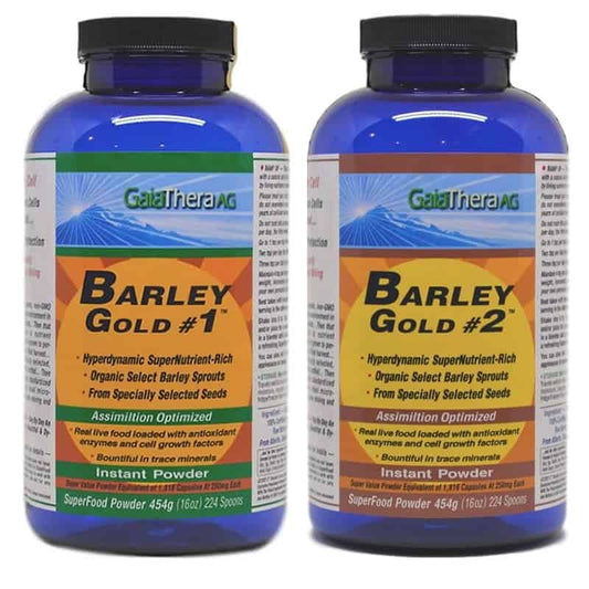 Two bottles of Barley Gold #1 and #2 superfood powder showcasing Barley Gold Recipes benefits.
