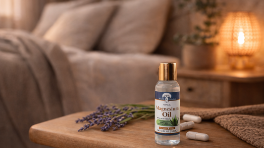 Magnesium Oil bottle on a wooden table with lavender, promoting relaxation and sleep, related to Does Magnesium Help You Sleep.