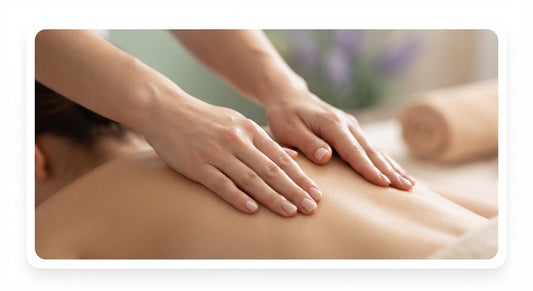 A hand applying massage techniques to stimulate Subtle Energy and Lifeforce on a relaxed back.