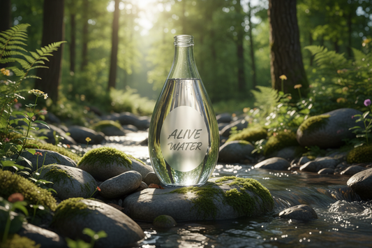 Bottle of Alive Water Creates Micro Clustered Water on a stream surrounded by greenery and pebbles.