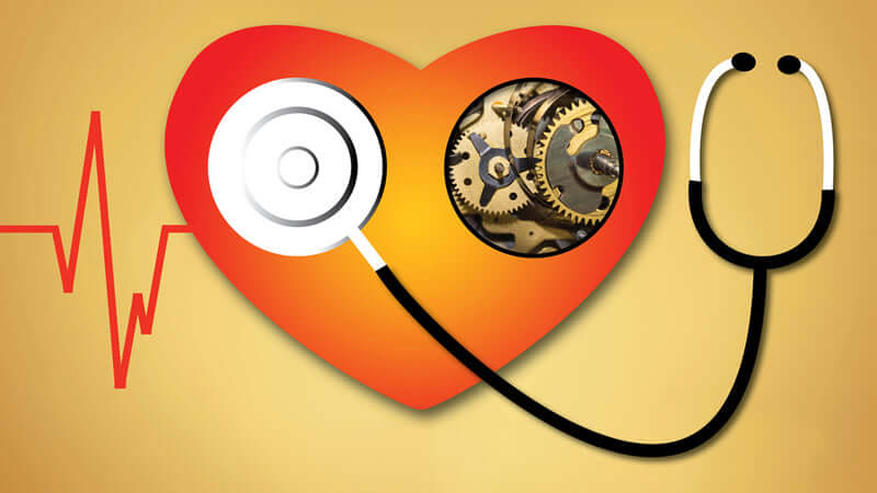 Heart illustration with a stethoscope and gears symbolizing health monitoring and medication comparison.
